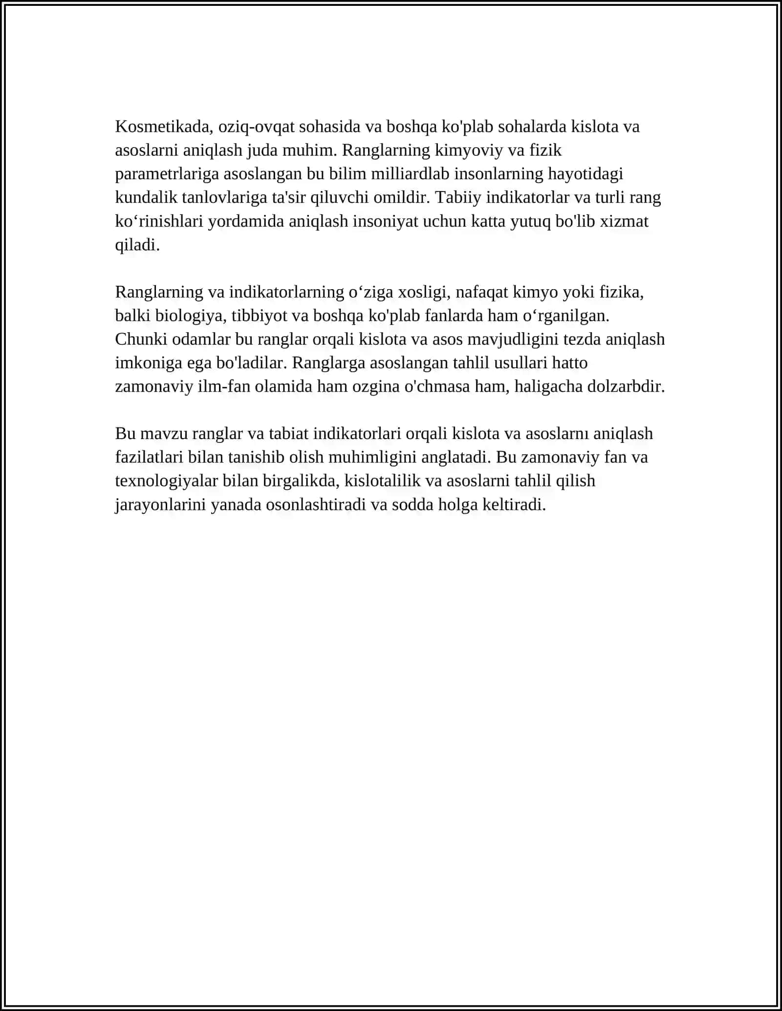 RANGLAR TILIDA DUNYO. TABIAT INDIKATORLAR YORDAMIDA KISLATA ASOSLARNI ANIQLAYMIZ 4