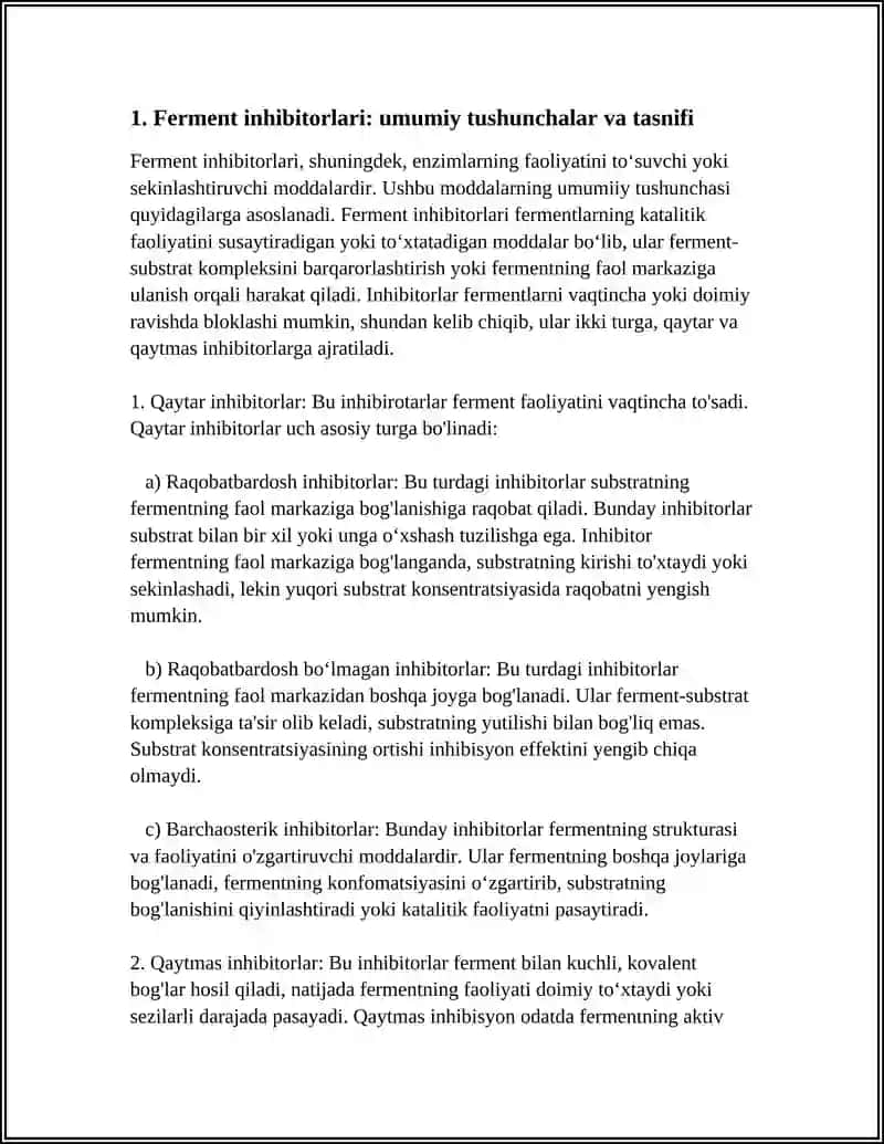 FERMENTLARNING QAYTAR VA QAYTMAS INGIBITORLARI, ULARNING ROʼLI VA AHAMIYATI 4