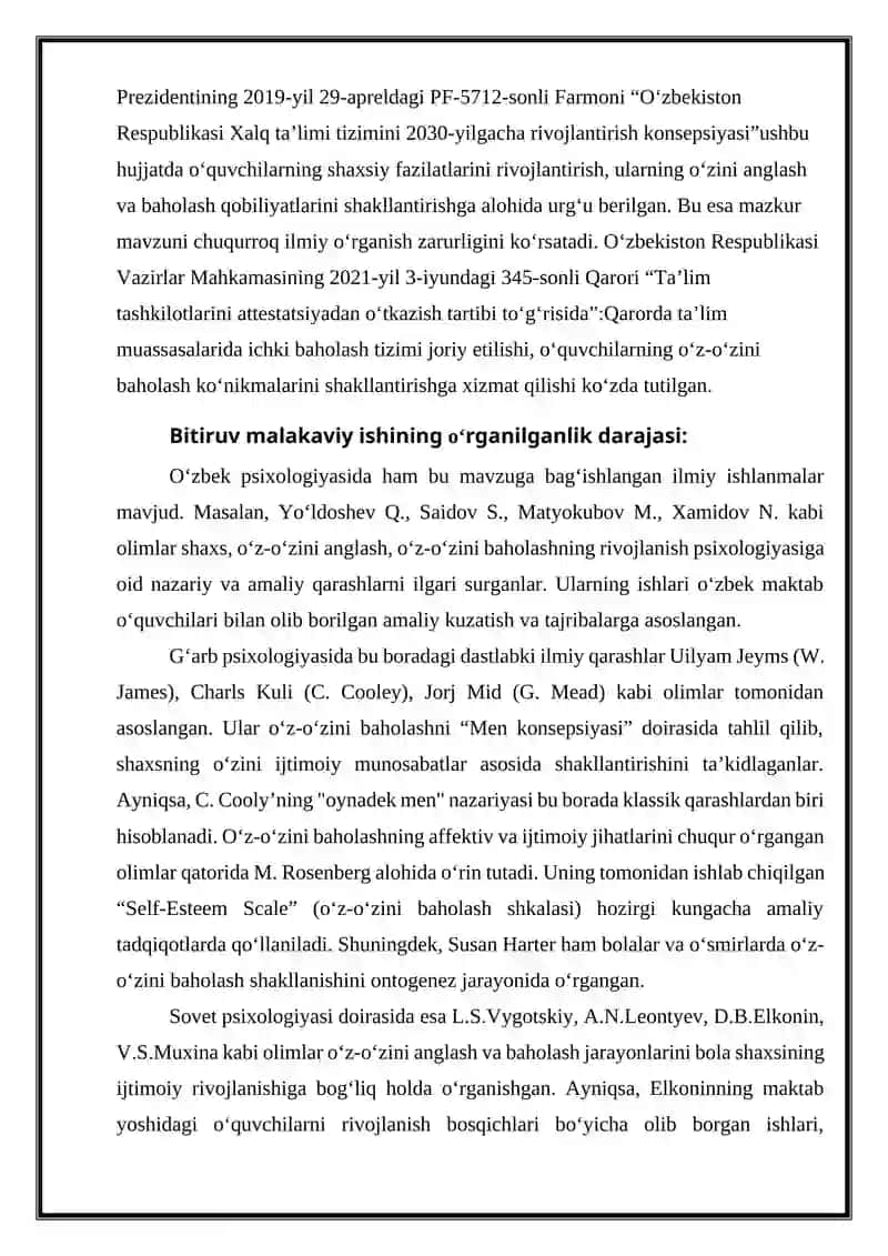 O‘QUVCHILARDA O‘Z- O‘ZINI BAHOLASH XUSUSIYATLARINING NAMOYON BO’LISHINING PSIXOLOGIK JIHATLARI 4