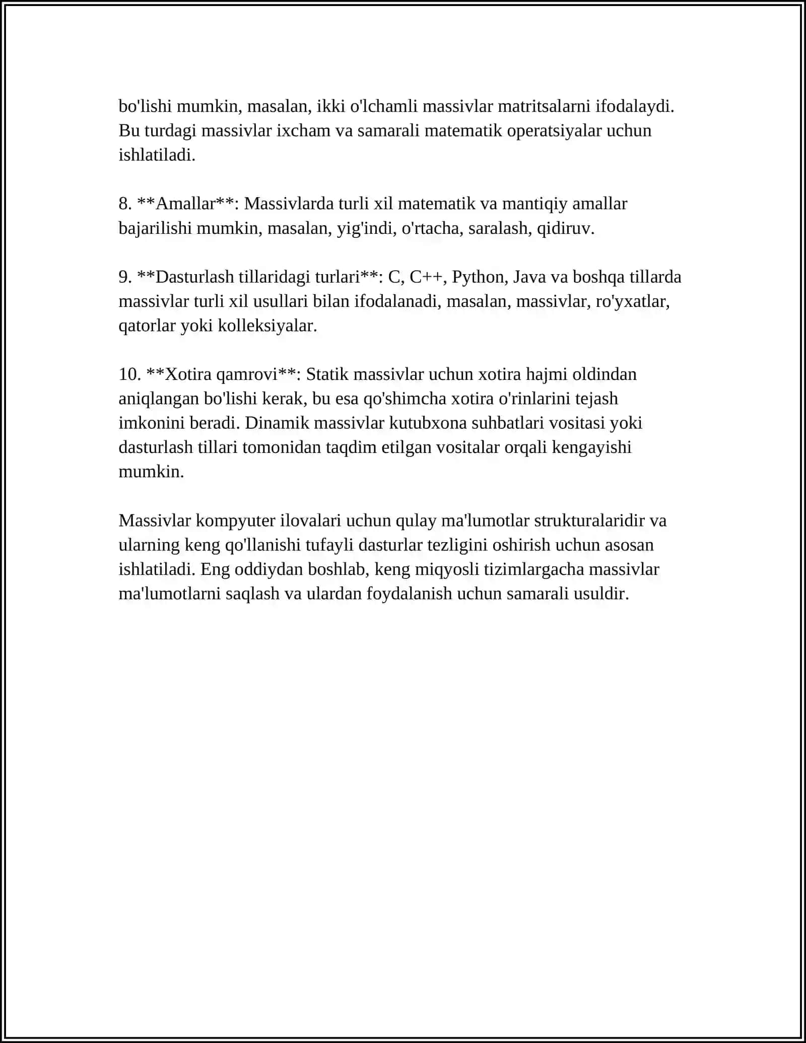MASSIVLAR. MASSIVLARNI ISHLATILISH QOIDALARI 4
