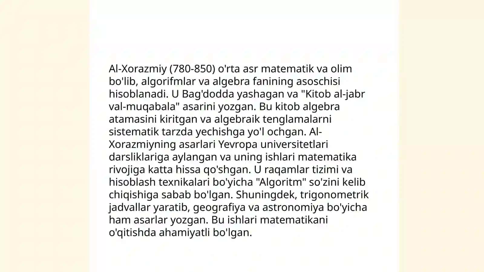 Sharq uyg’onish davrida pedagogik fikr taraqqiyoti (AI-Xorazmiy, al Forobiy, Abu Rayhon Beruniy, Abu Ali ibn Sinoning ta'lim - tarbiyaga oid qarashlari 4