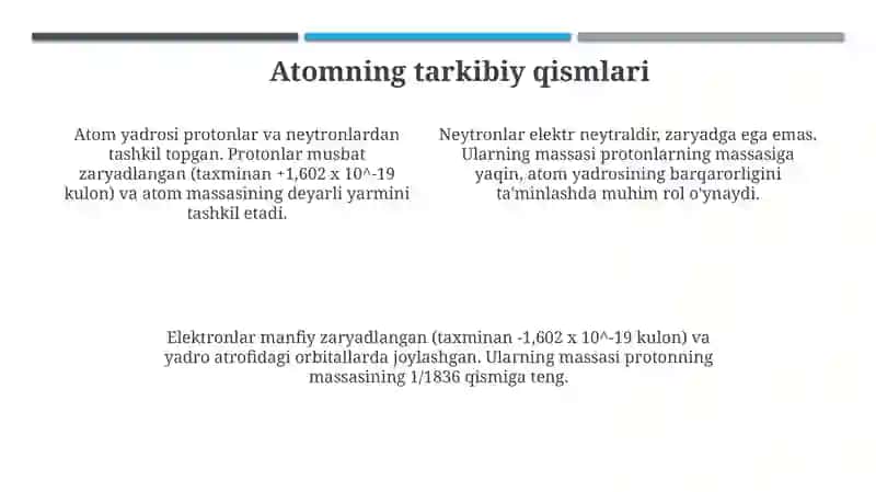 Atom tuzilishi. Elementlarning davriy jadvali. O'zbekistonda kimyo sanoatining rivojlanishi 4