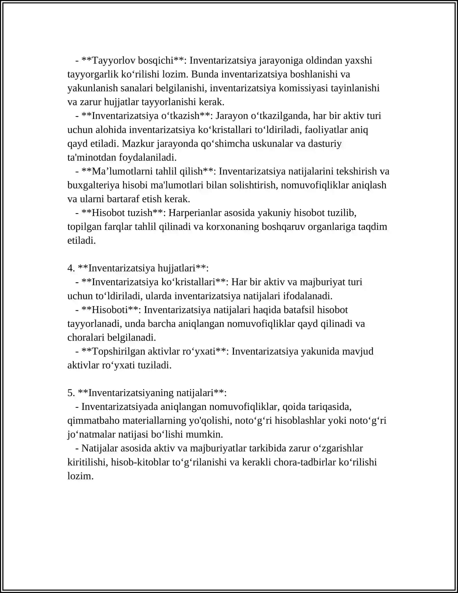 KORXONA VA TASHKILOTLARDA INVENTARIZATSIYANI TASHKIL ETISH, OʻTKAZISH VA NATIJALARI 4