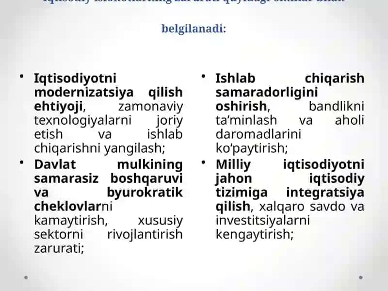Iqtisodiy islohotlar, xususiylashtirish jarayoni va uning ta’siri 4