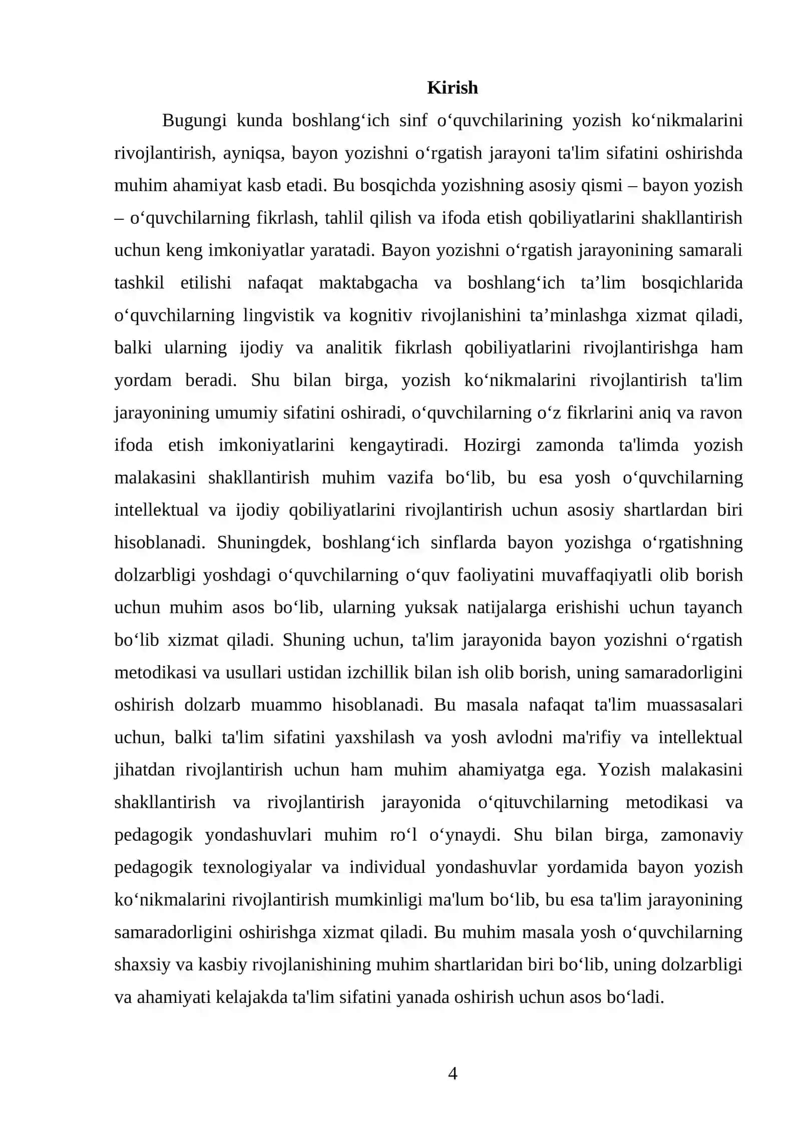 ONA TILI-O’QITISH SAVODXONLIGI VA UNI O’QITISH METODIKASI FANIDAN TAYYORLAGAN KURS ISHI 4