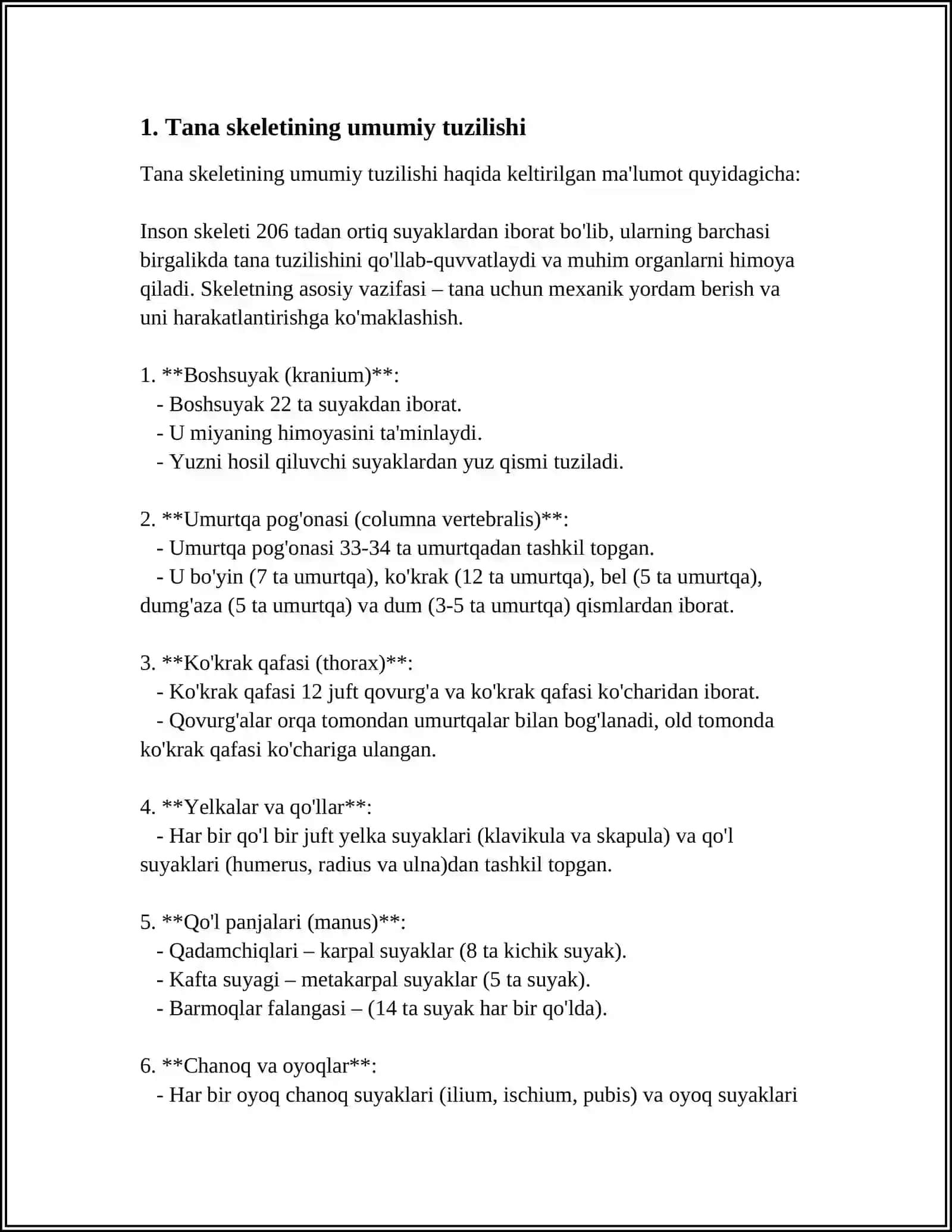 Tana skeleti va uning qismlari(umurtqa pogʻonasi, koʻkrak qafasi, qoʻl va oyoq suyaklari) 4