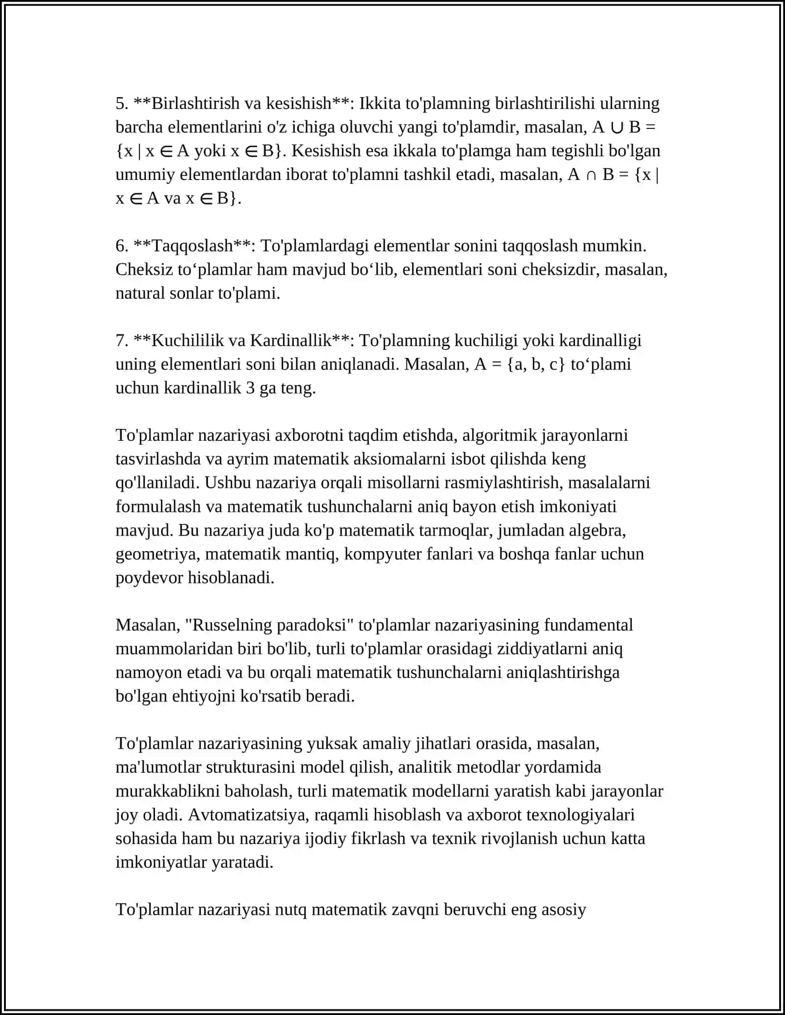 TO'PLAMLAR.TO'PLAMLAR USTIDA AMALLAR.EYLER-VENN DIAGRAMMALARI.DEKART KOPAYTMASI 4