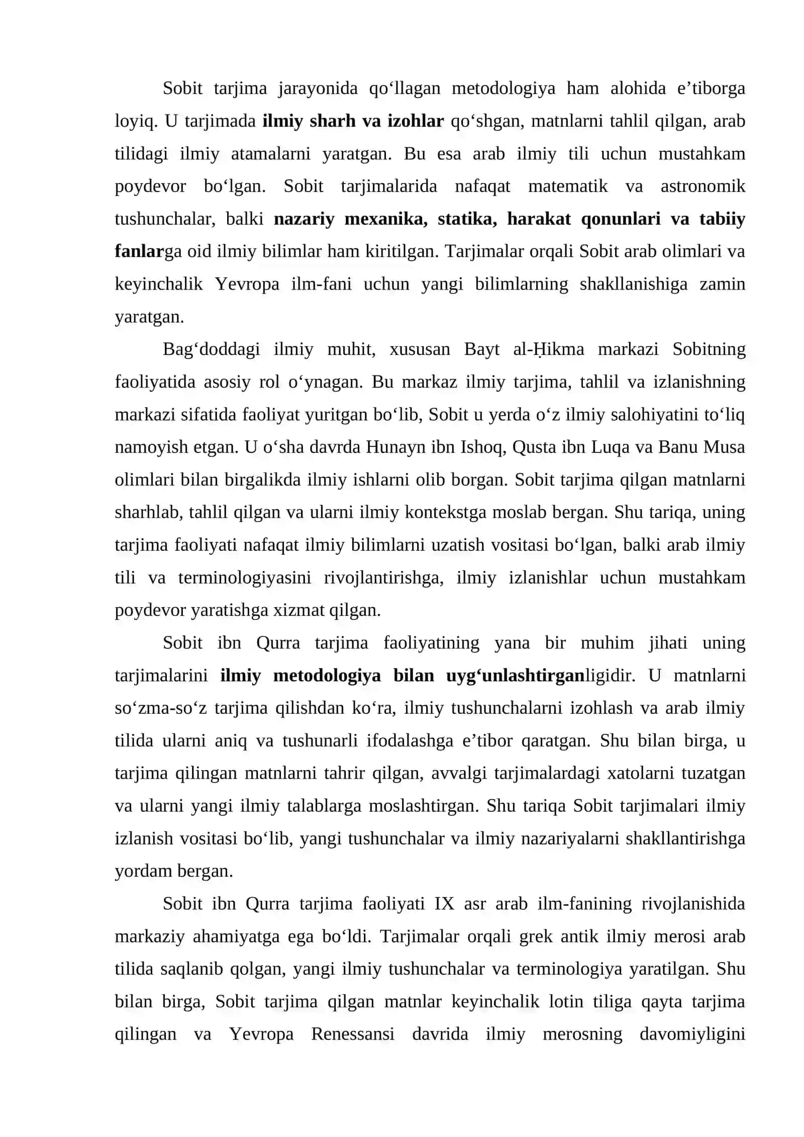 Sobit ibn Qurra - (Tanlab olingan tarjimon yaratgan tarjimalar roʻyxatini tuzish va ularni fanlar kesimida klassifikasiya qilish) 4
