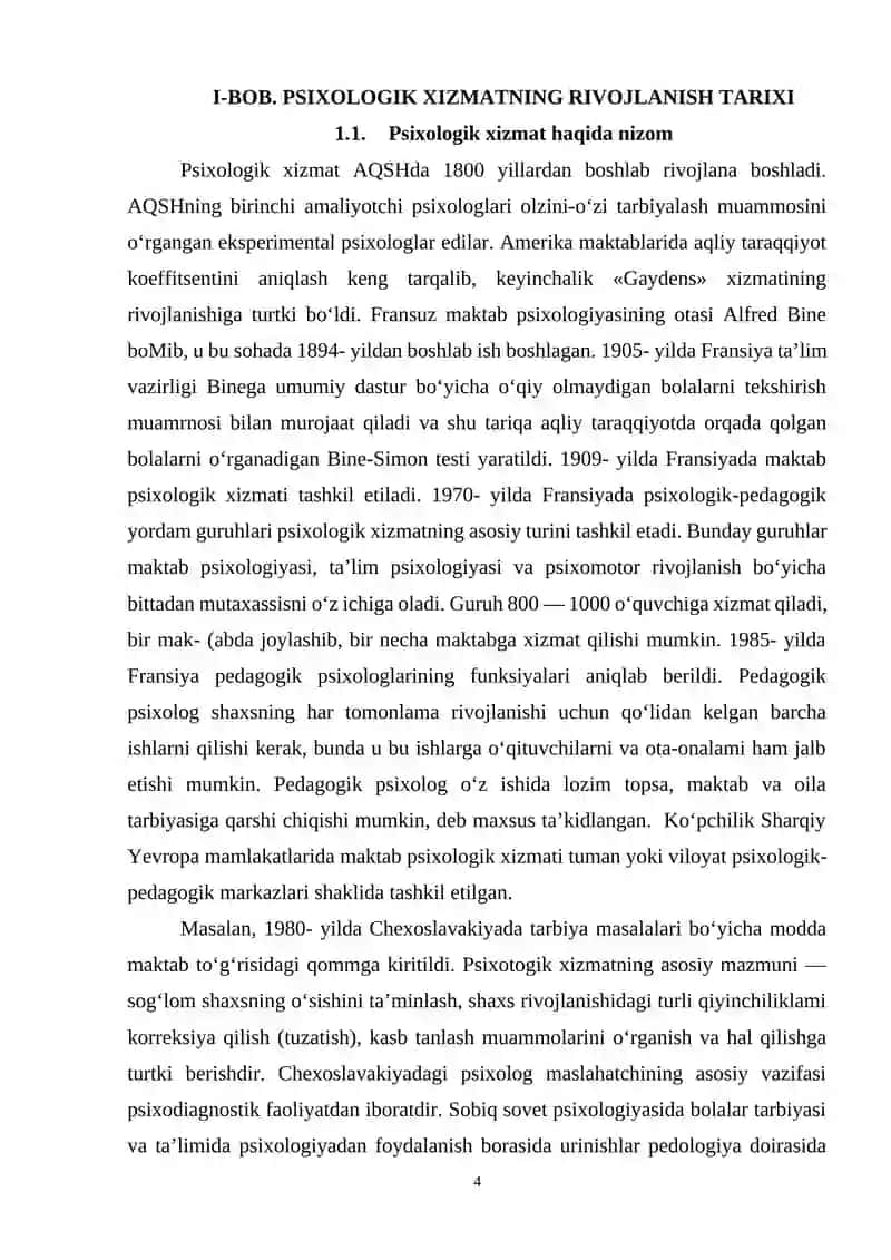 PSIXOLOGIK XIZMAT FANI RIVOJLANISHINING ILMIY TARIXIY ASOSLARI KURS ISHI 4