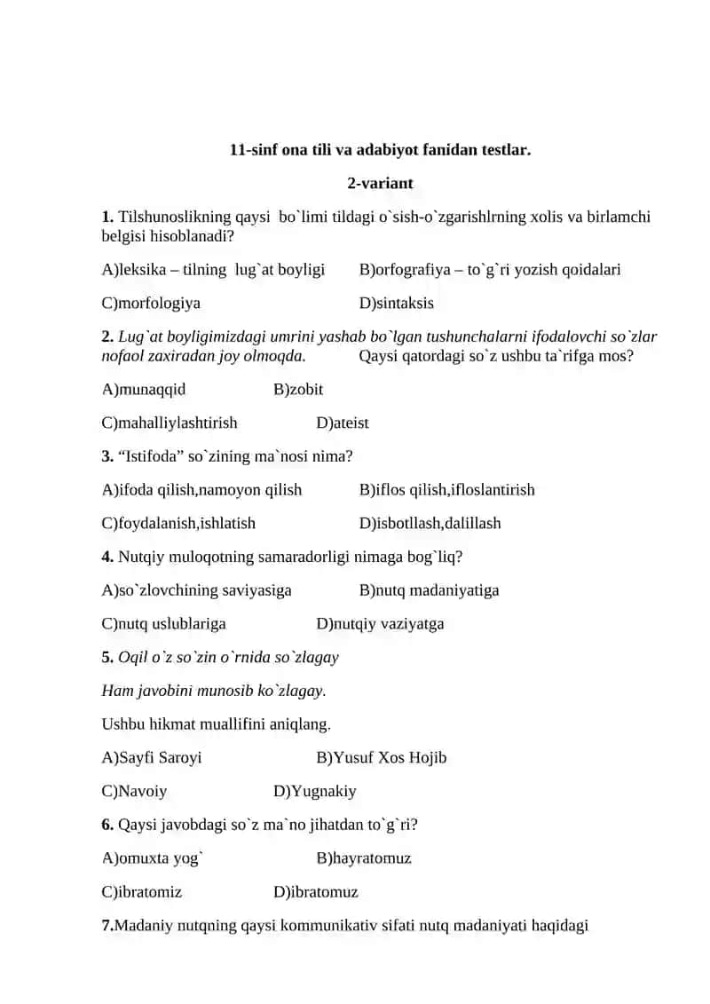 11-sinf ona tili va adabiyot 1-variant 4