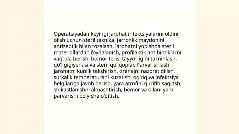 Operatsiyadan kiyingi davrda kuzatiladigan asoratlarda hamshiralik ishi 4