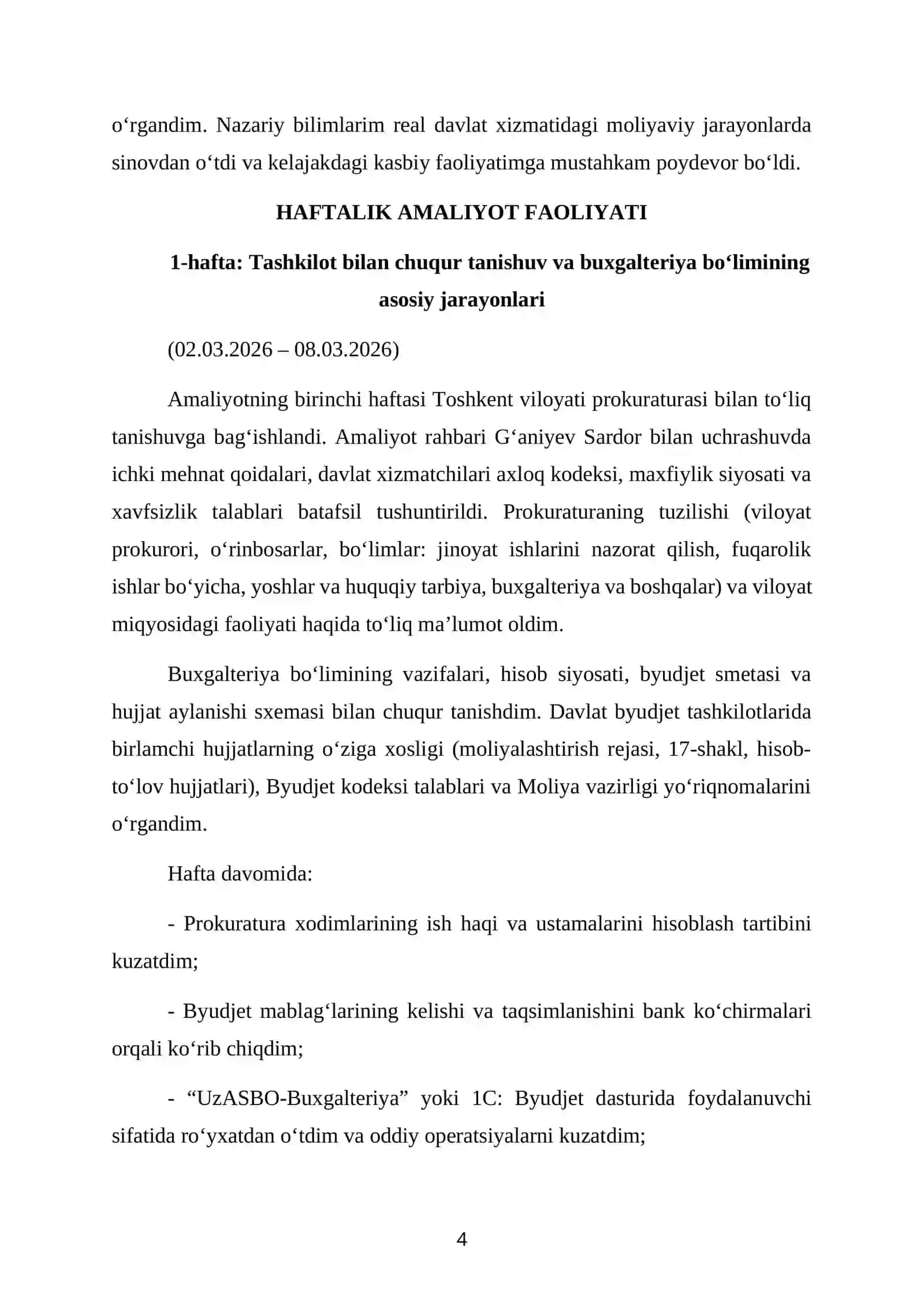 TOSHKENT VILOYATI PROKURATURASI. BITIRUV MALAKAVIY AMALIYOT 4