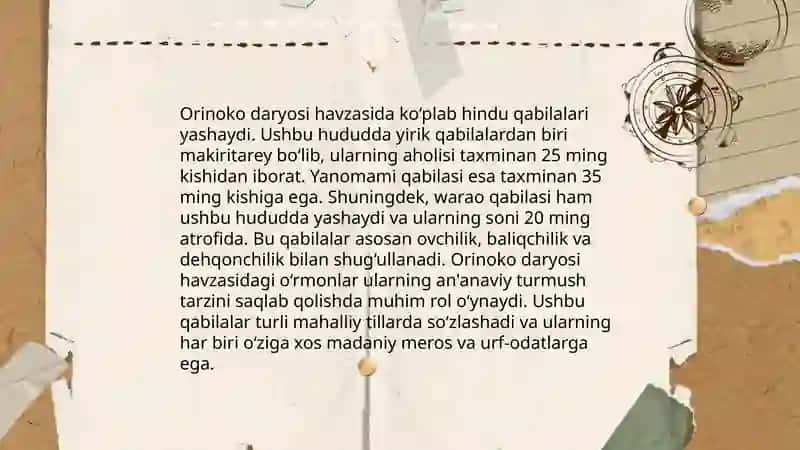 Amazonka va Orinoko daryolari havzasidagi oʻrmon hindu qabilalari. Sharqiy va janubiy Braziliya hindulari Pampa hindulari. Patagoniyaliklar. Olovli yerliklar 4