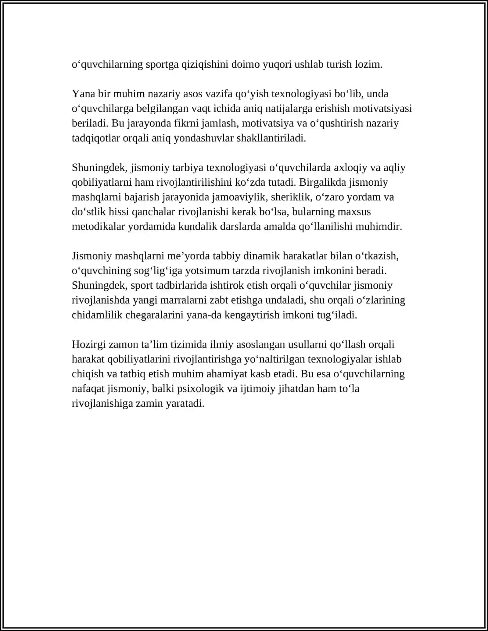 HARAKAT QOBILIYATLARINI RIVOJLANTIRISHGA YOʻNALTIRILGAN MAKTAB OʻQUVCHILARINING JISMONIY TARBIYA TEXNOLOGIYASI 4