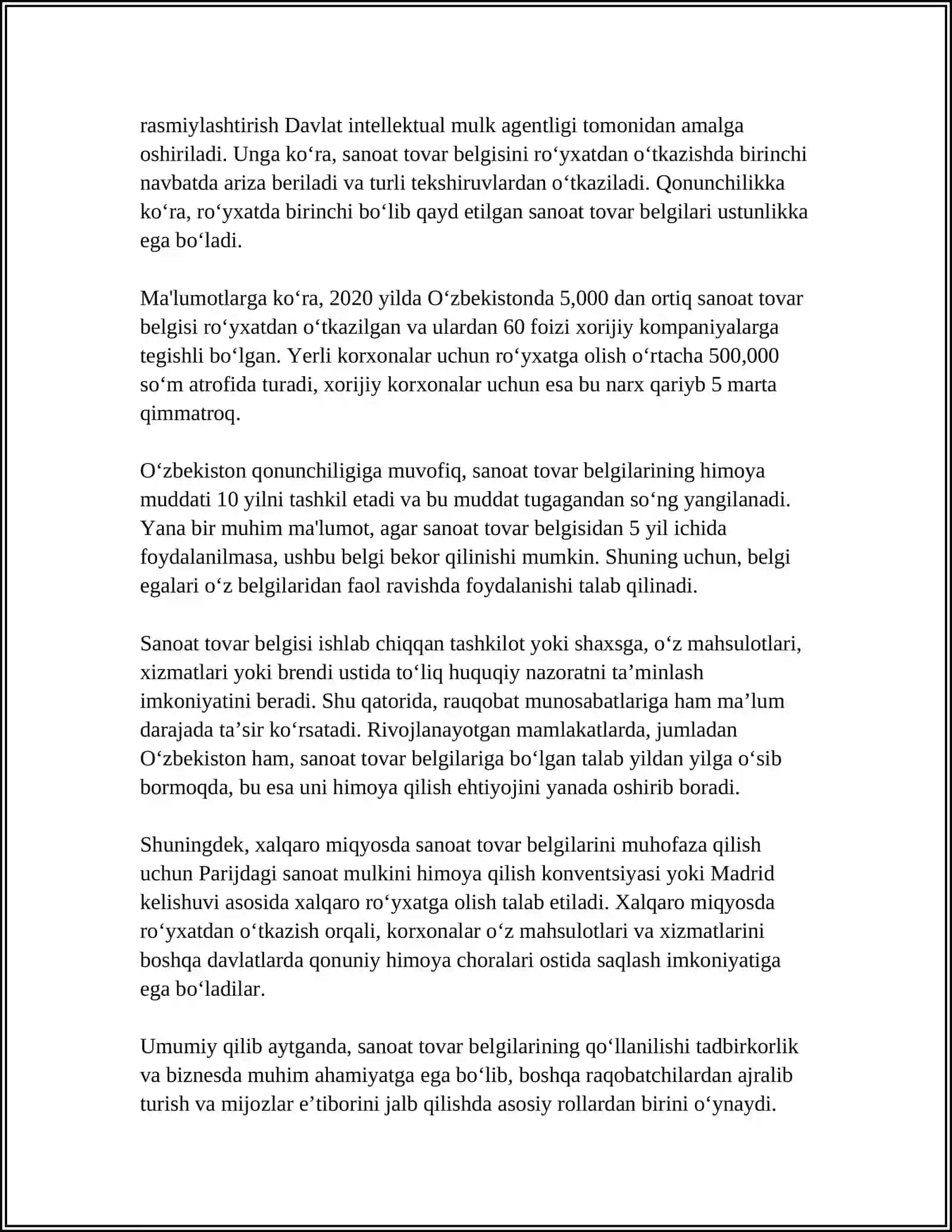 MUSTAQIL ISH Mavzu: SANOAT TOVAR BELGILARINING TURLARI VA ULARGA QO‘YILGAN LOYIHALARNI TUZISH TALABLARI 4