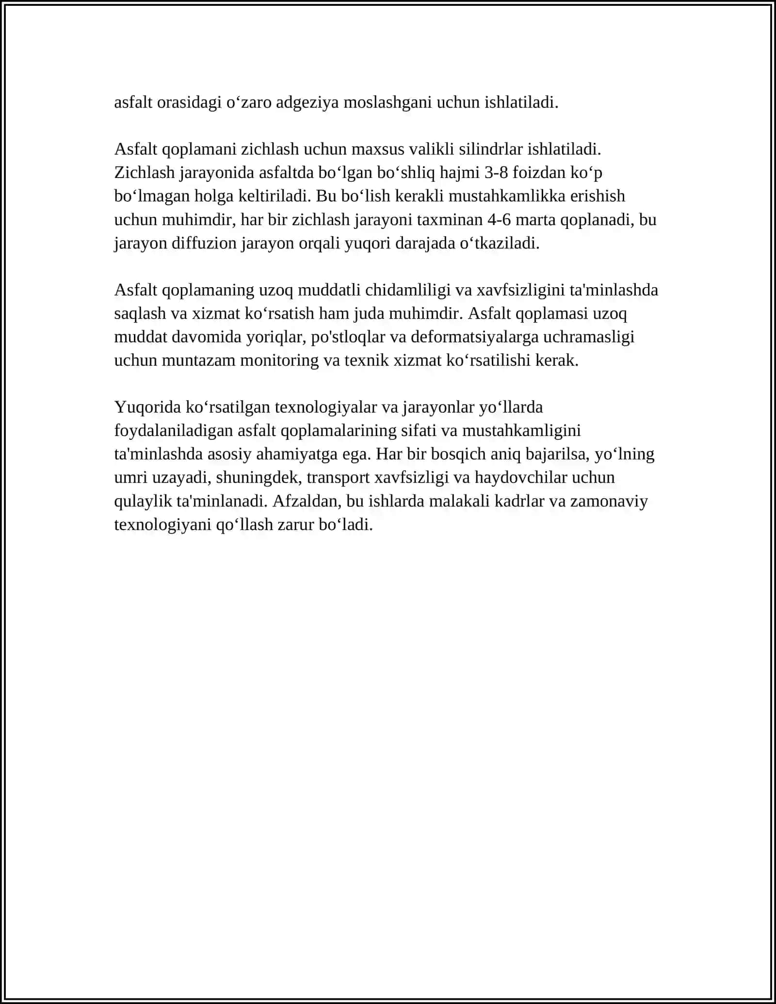AVTOMOBIL YOʻLLARINI QURISH, REKONSTRUKSIYA QILISH, TAʼMIRLASH, SAQLASH ISHLARI 4