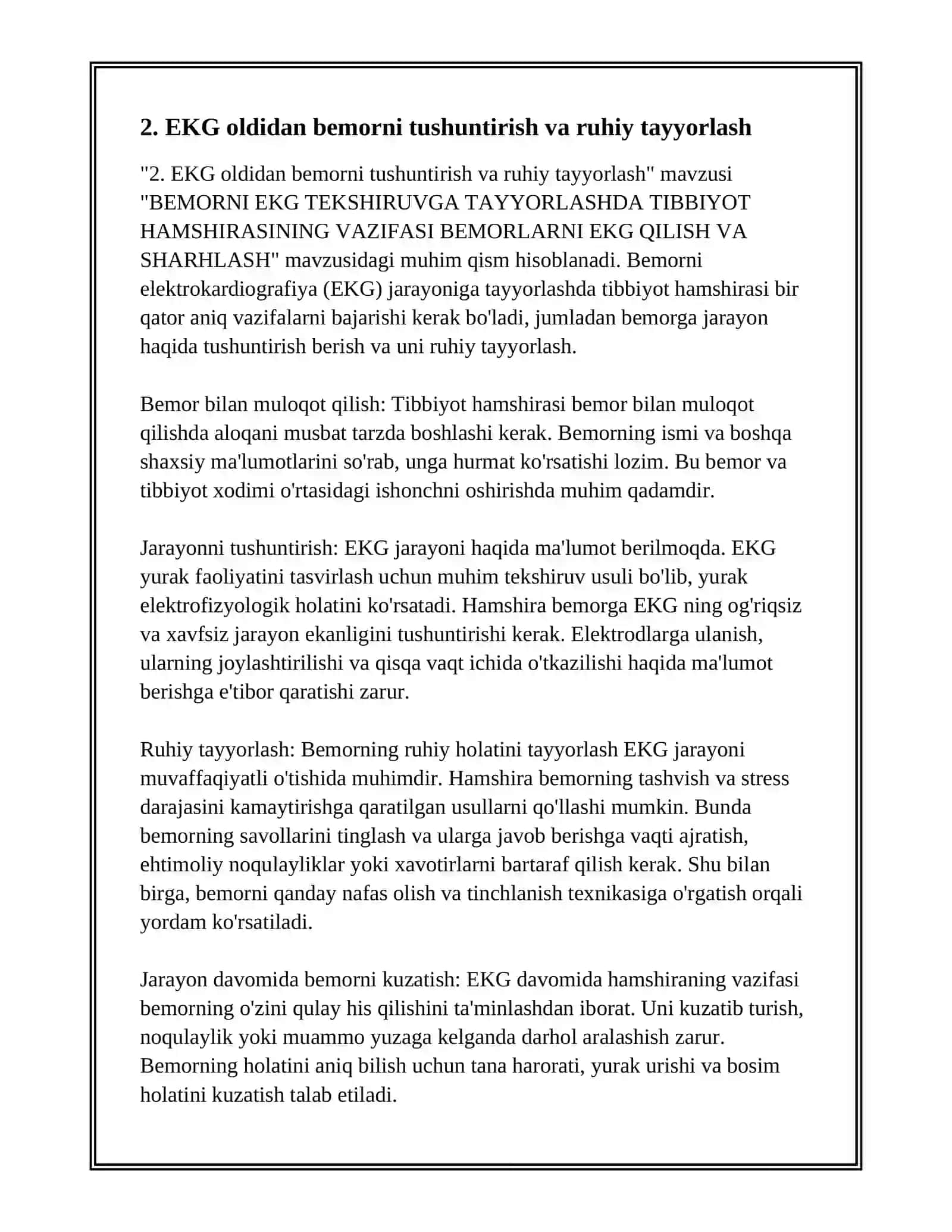 BEMORNI EKG TEKSHIRUVGA TAYYORLASHDA TIBBIYOT HAMSHIRASINING VAZIFASI BEMORLARNI EKG QILISH VA SHARHLASH 4
