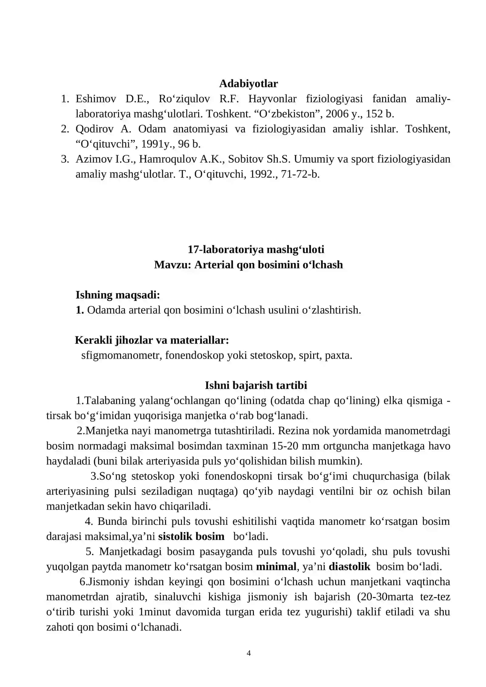 Odam va hayvonlar fiziologiyasi laboratoriya mashg'ulotlari 4