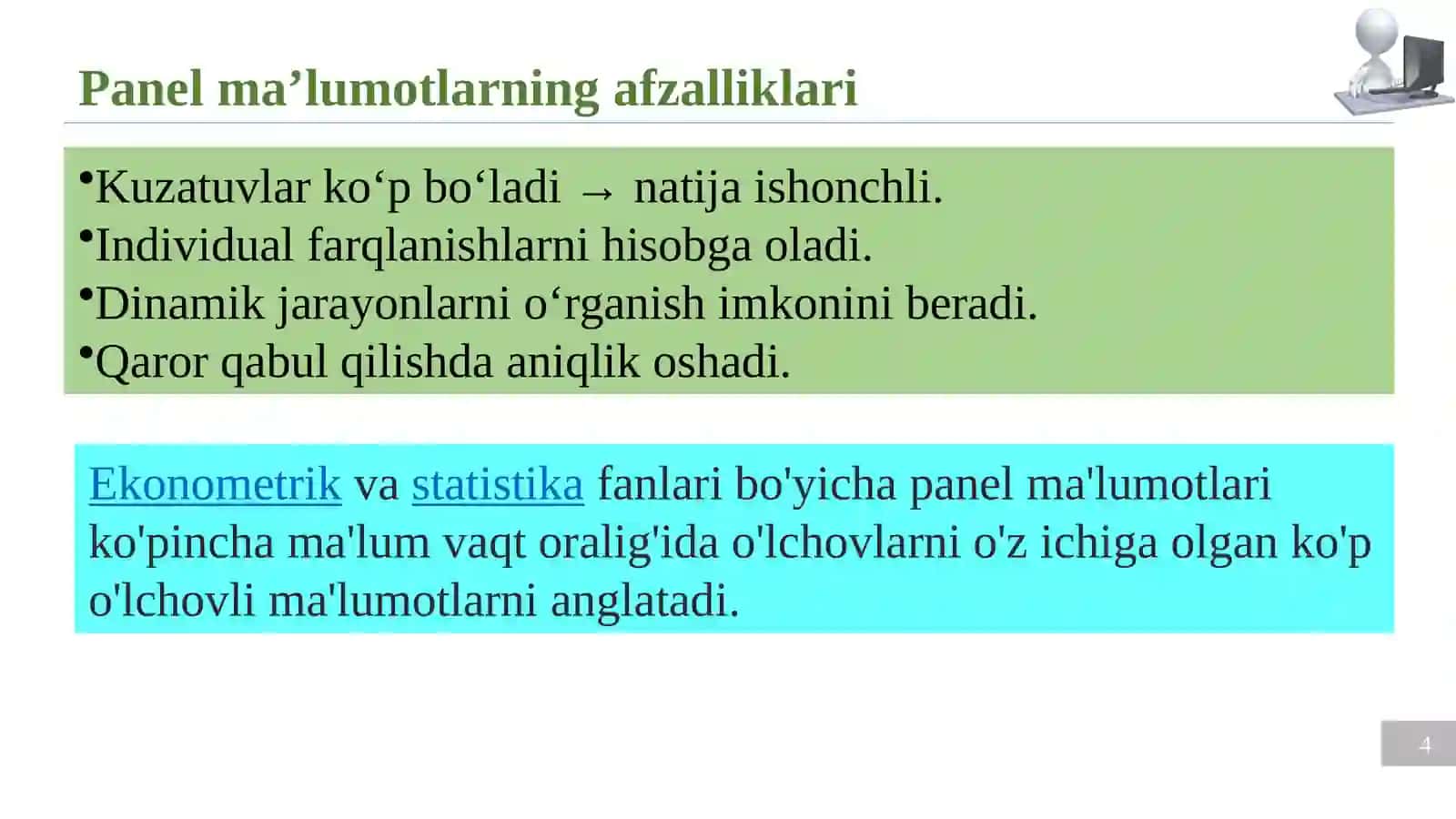 Panel ma’lumotlar tahlili: fiksirlangan va tasodifiy effektlar Empirik tahlil: Python (yoki R) dasturida ma’lumotlarni modellashtirish 4