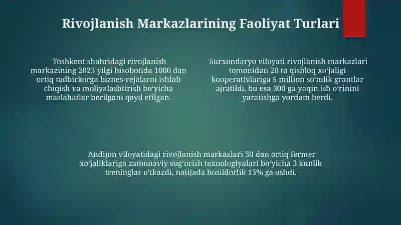 Rivojlantiruvchi markazlar tasnifi, rivojlantiruvchi markazlar faoliyati 4