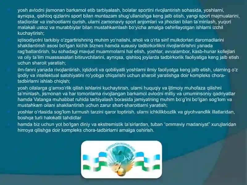 Davlatimizning yosh avlodni tarbiyalsh va sog’lig’ini himoya qilish yo’lidagi olib borayotgan ishlari 4