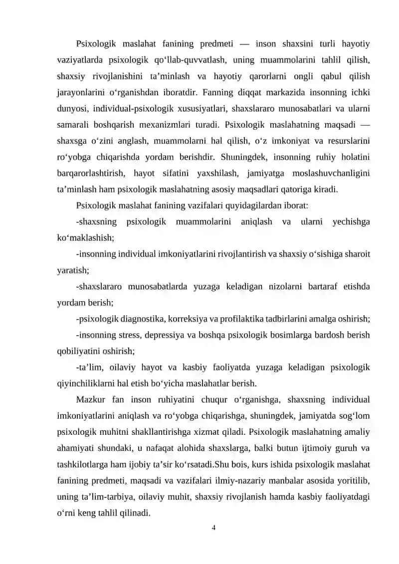 Psixologik maslaxat fanining predmeti, maqsadi va vazifalar. 4