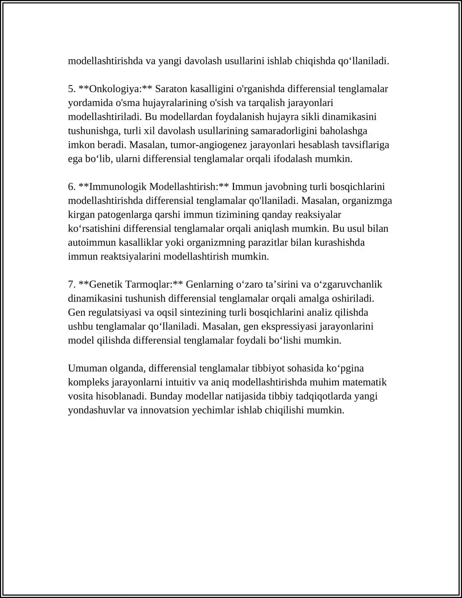 TIBBIY-BIOLOGIK MAZMUNDAGI DIFFERENSIAL TENGLAMALARNI TUZISH VA YECHISH 4
