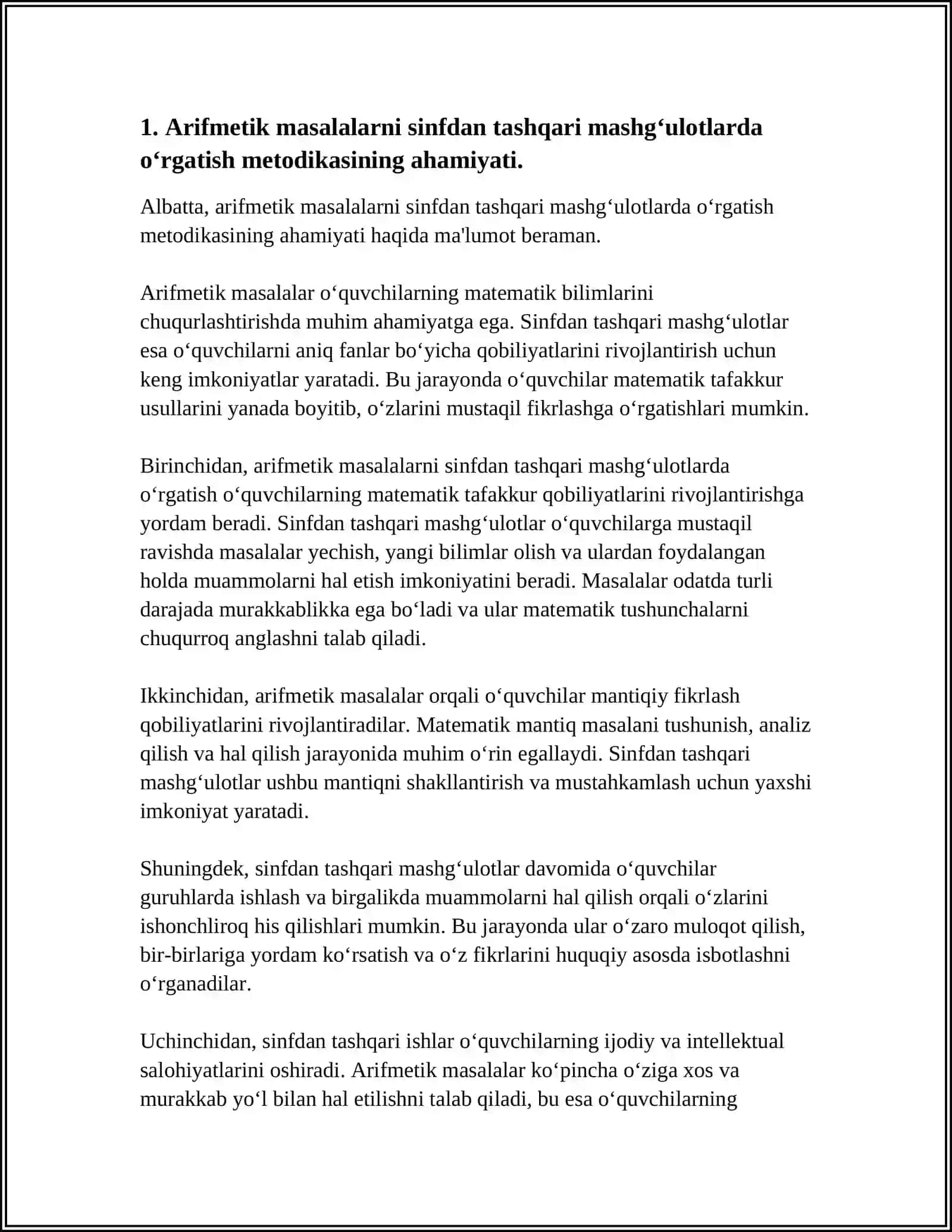 SINFDAN TASHQARI MASHGʻULOTLARDA ARIFMETIK MASALALAR YECHISHGA OʻRGATISH METODIKASI 4