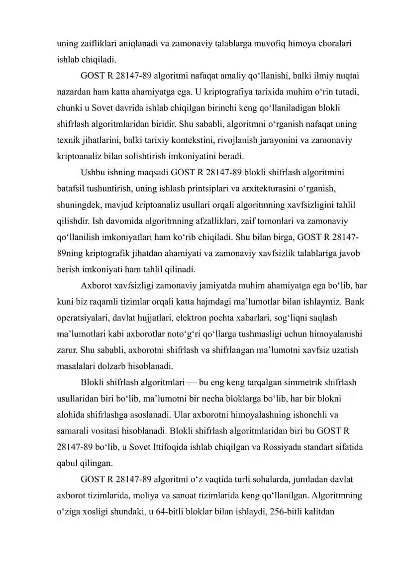 GOST R 28147-89 BLOKLI SHIFRLASH ALGORITMI VA UNING KRIPTO TAHLILI 4