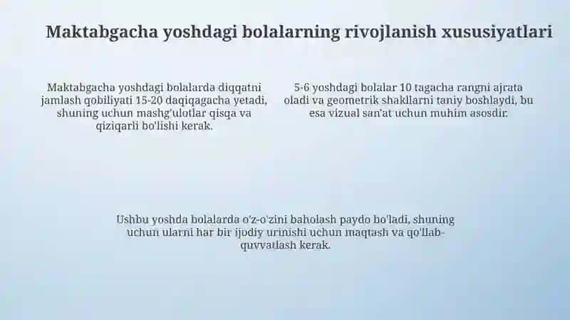 Tayyorlov yosh guruhida bolalarini tasviriy faoliyat orqali maktabga tayyorlash 4