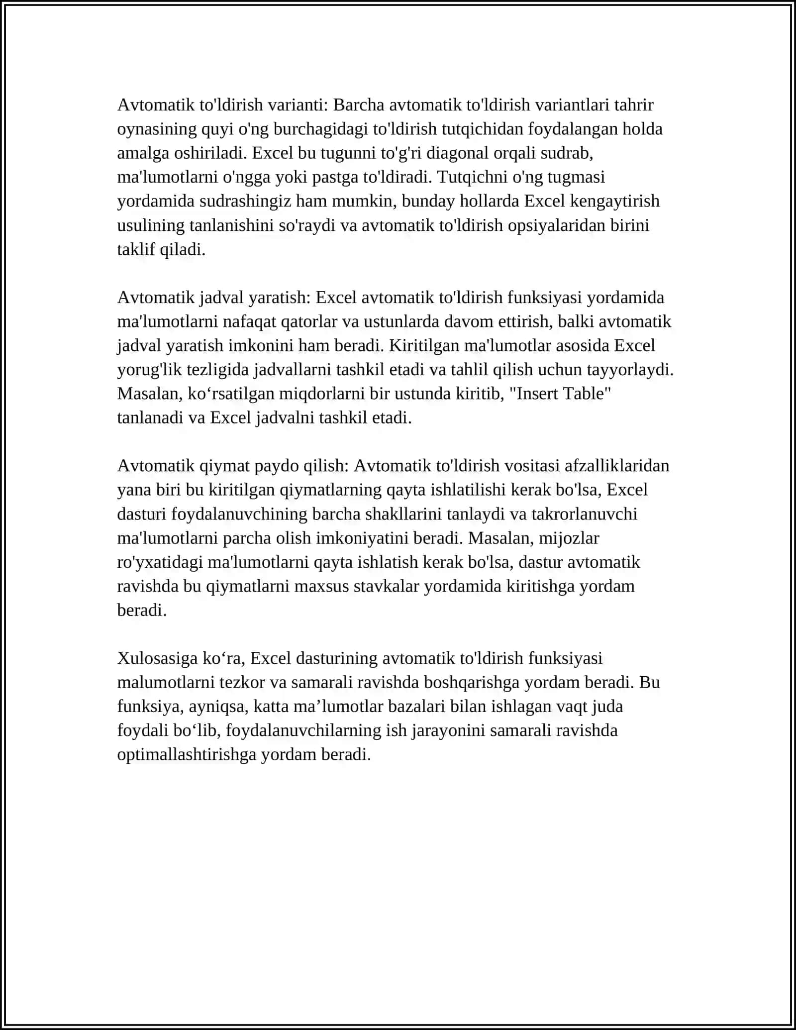 EXCEL DASTURIDA AVTOTO’LDIRISHLAR VA AVTOHISOBLASHLAR. DIAGRAMMALAR YARATISH 4