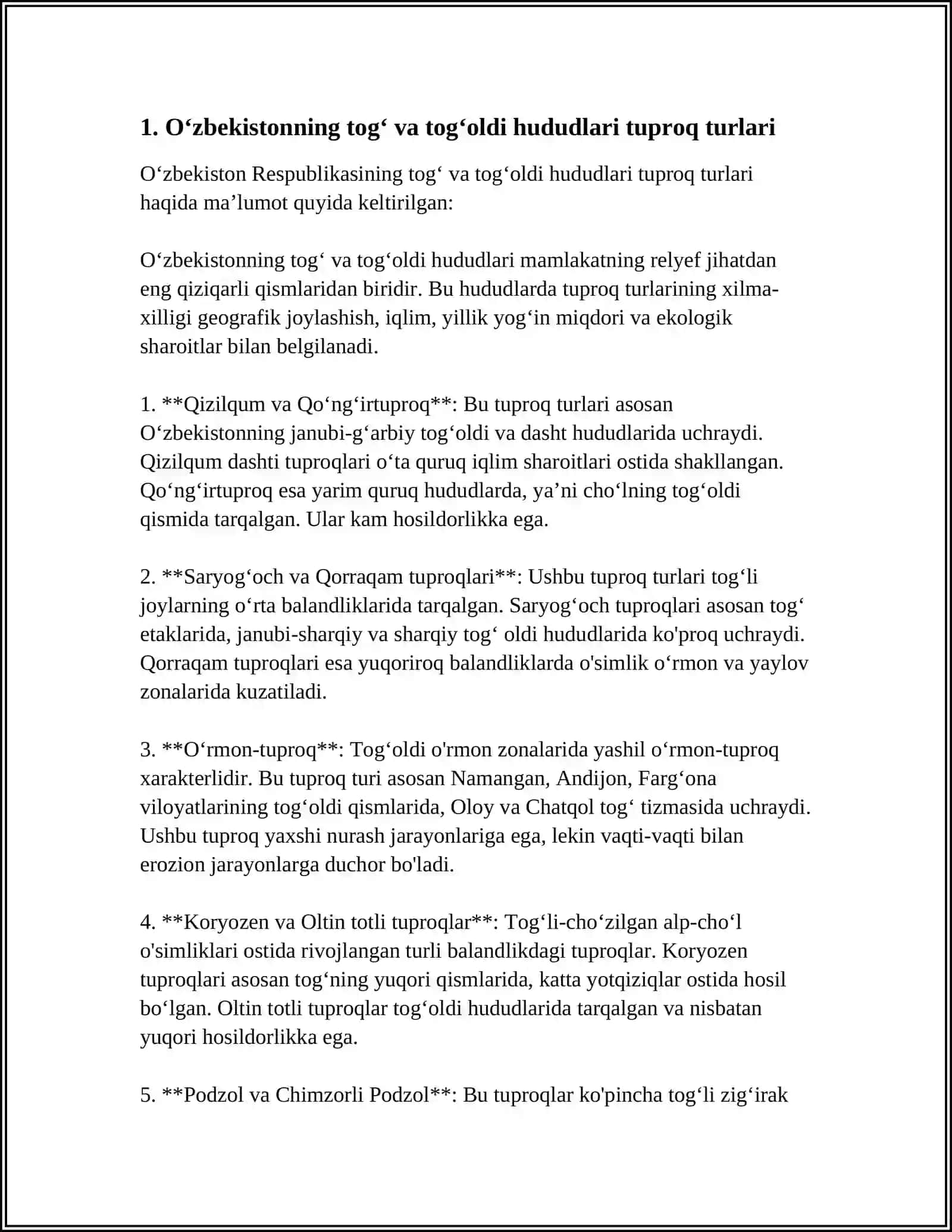 OʻZBEKISTONNING TOGʻ VA TOGʻOLDI MINTAQASI TUPROQLARI GEOGRAFIYASI VA UNI MUHOFAZA QILISH 4