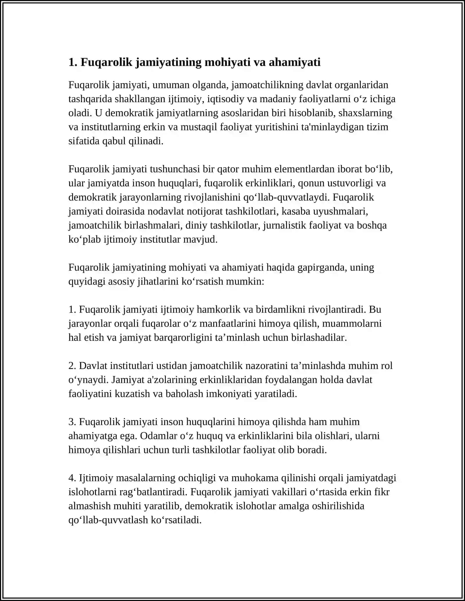 FUQAROLIK JAMIYATI INSTITUTLARI, JAMOAT BIRLASHMALARI VA BOSHQA NODAVLAT NOTIJORAT TASHKILOTLARI TIZIMI VA VAZIFALARI 4