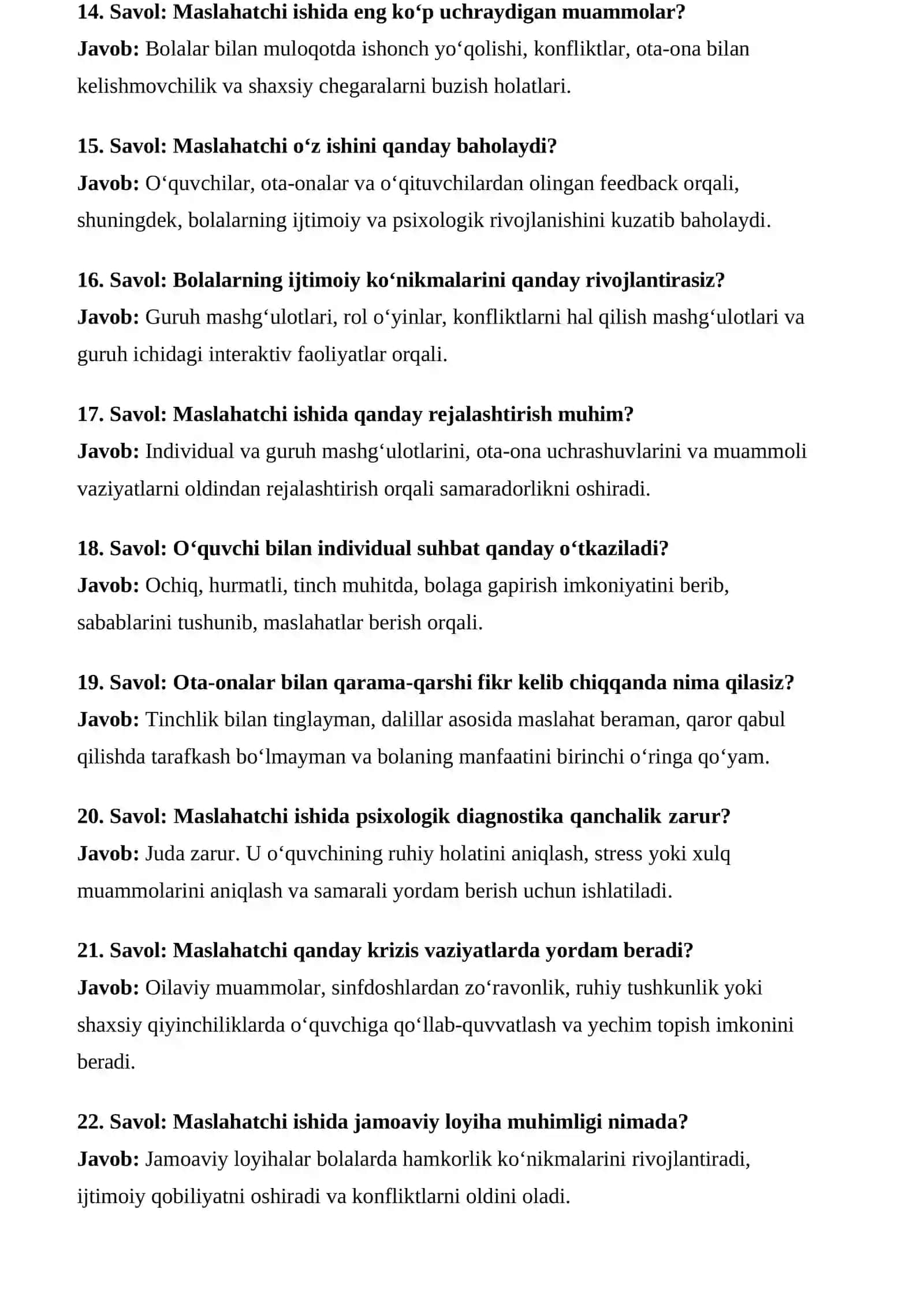 Maktab maslaxatchisi suhbat savollari va javoblari 4
