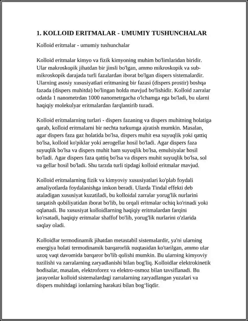 BIOLOGIK JARAYONLARDAGI KOLLOID ERITMALAR:KLASSIFIKATSIYASI, TUZILISHI, OLINISHI VA TOZALASH USULLARI. 4