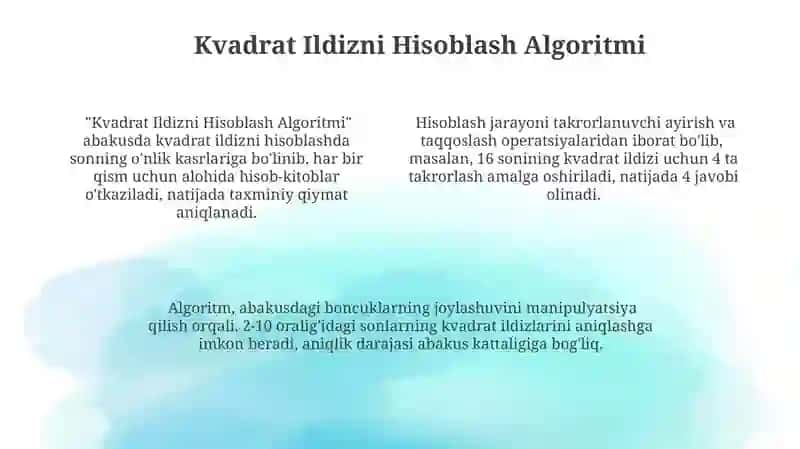 Abakusdagi Asosiy Operatsiyalar va Ularning Kvadrat Ildiz Chiqarishdagi Qo‘llanilishi 4