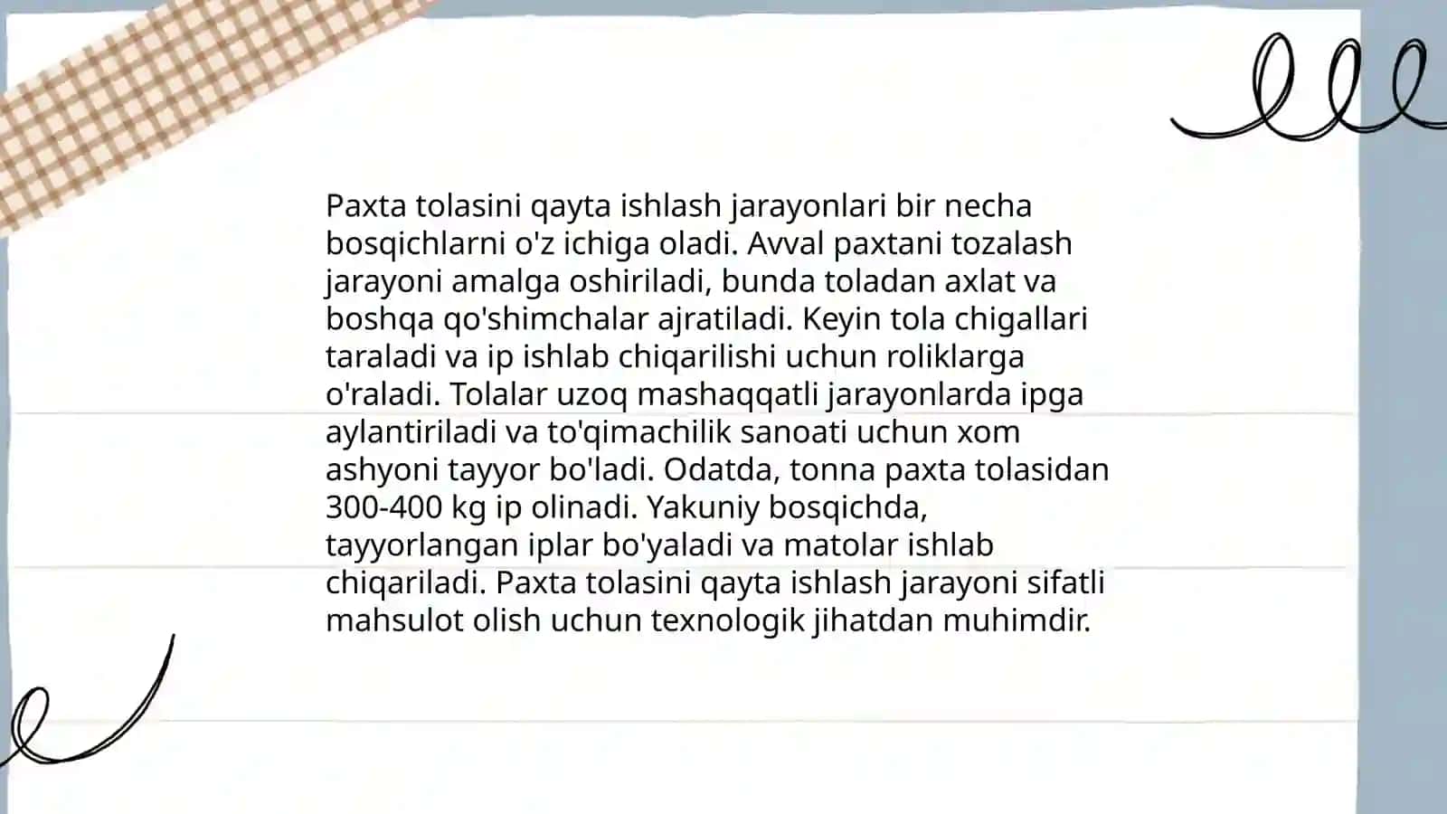 O’rta tolali paxta tolasidan quyi zichlikka ega bo’lgan yigirilgan ip olish texnalogiyasi 4