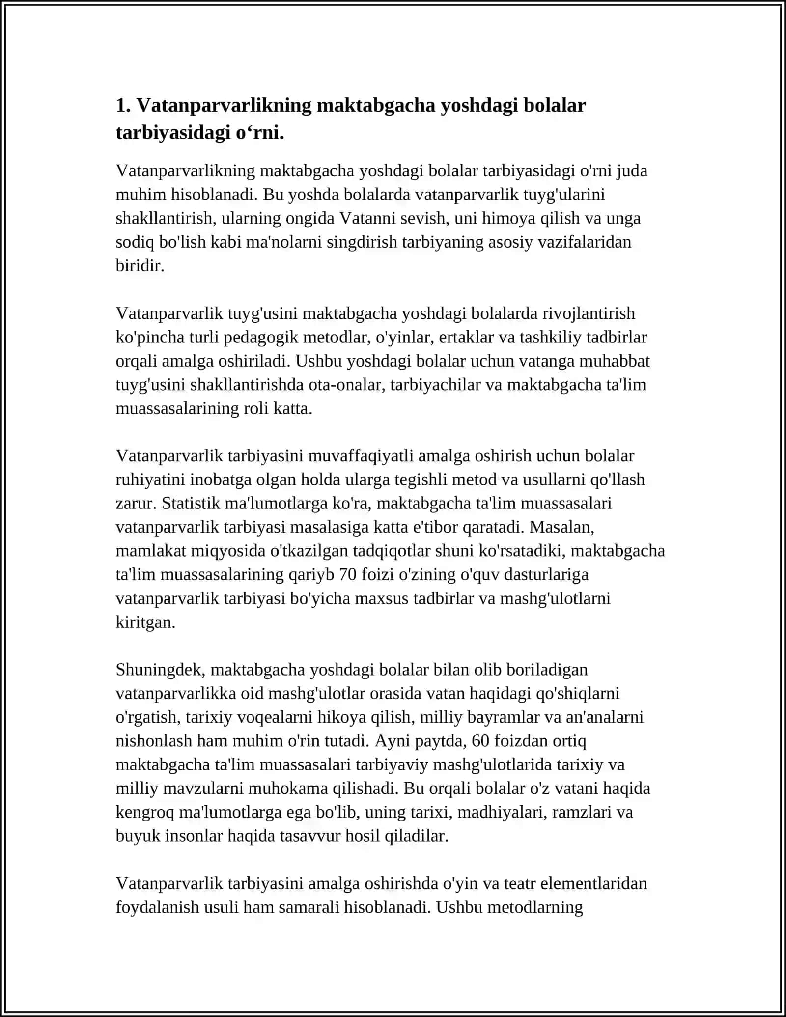 MAKTABGACHA YOSHDAGI BOLALARNING MA’NAVIY,AHLOQIY TARBIYASIDA VATANPARVARLIK, INSONPARVARLIK HIS-TUYG’ULARINI SHAKLLANTIRISH 4