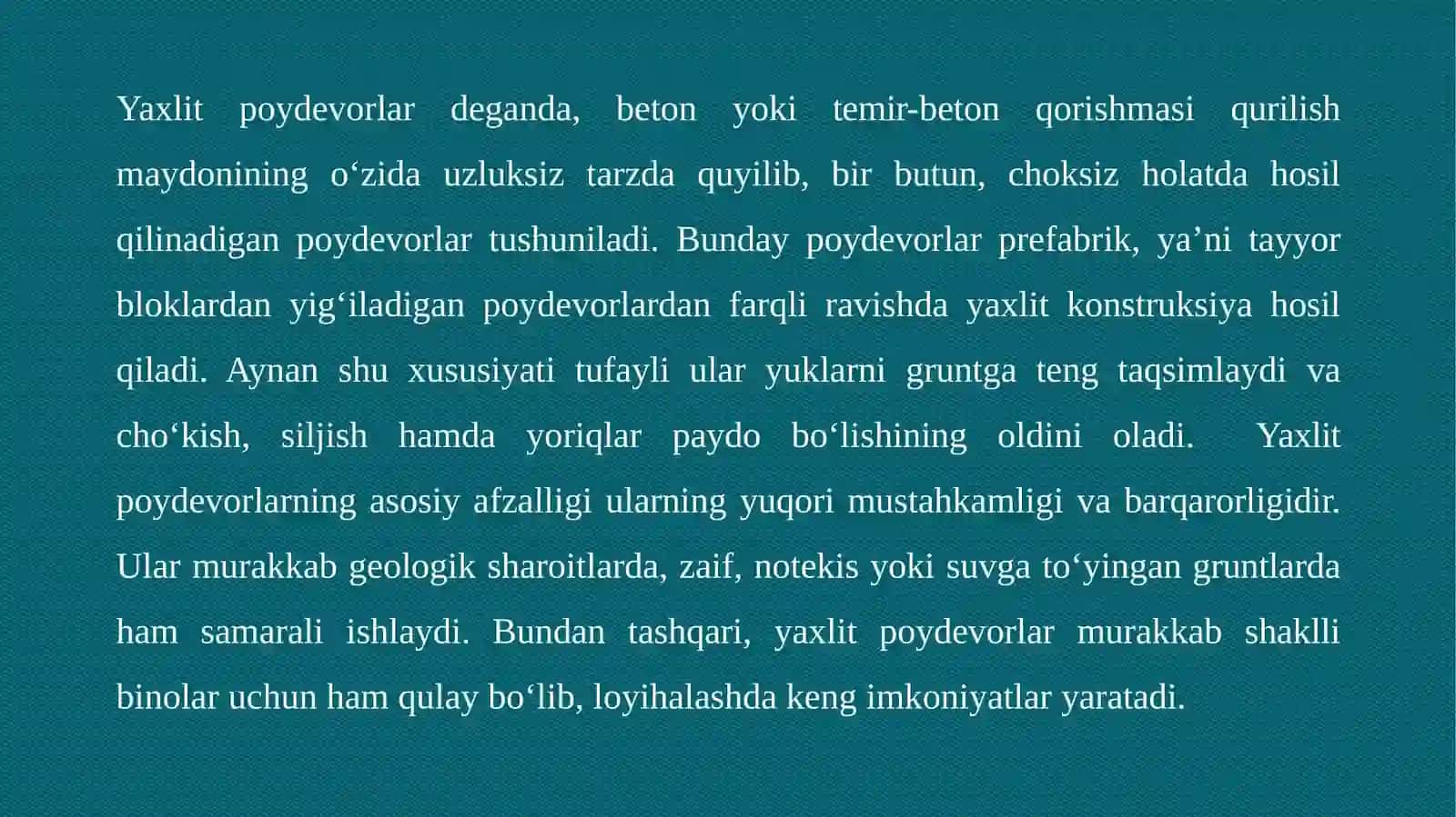 YAXLIT POYDEVORLAR VA ULARNING	KONSTRUKTIV YECHIMLARI 4