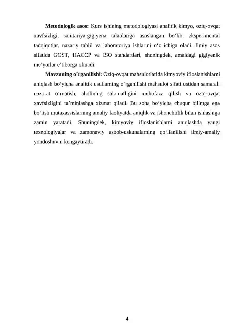 OZIQ-OVQAT MAHSULOTLARI TARKIBIDAGI KIMYOVIY IFLOSLANISHLARNI ANIQLASHNING ANALITIK USULI 4