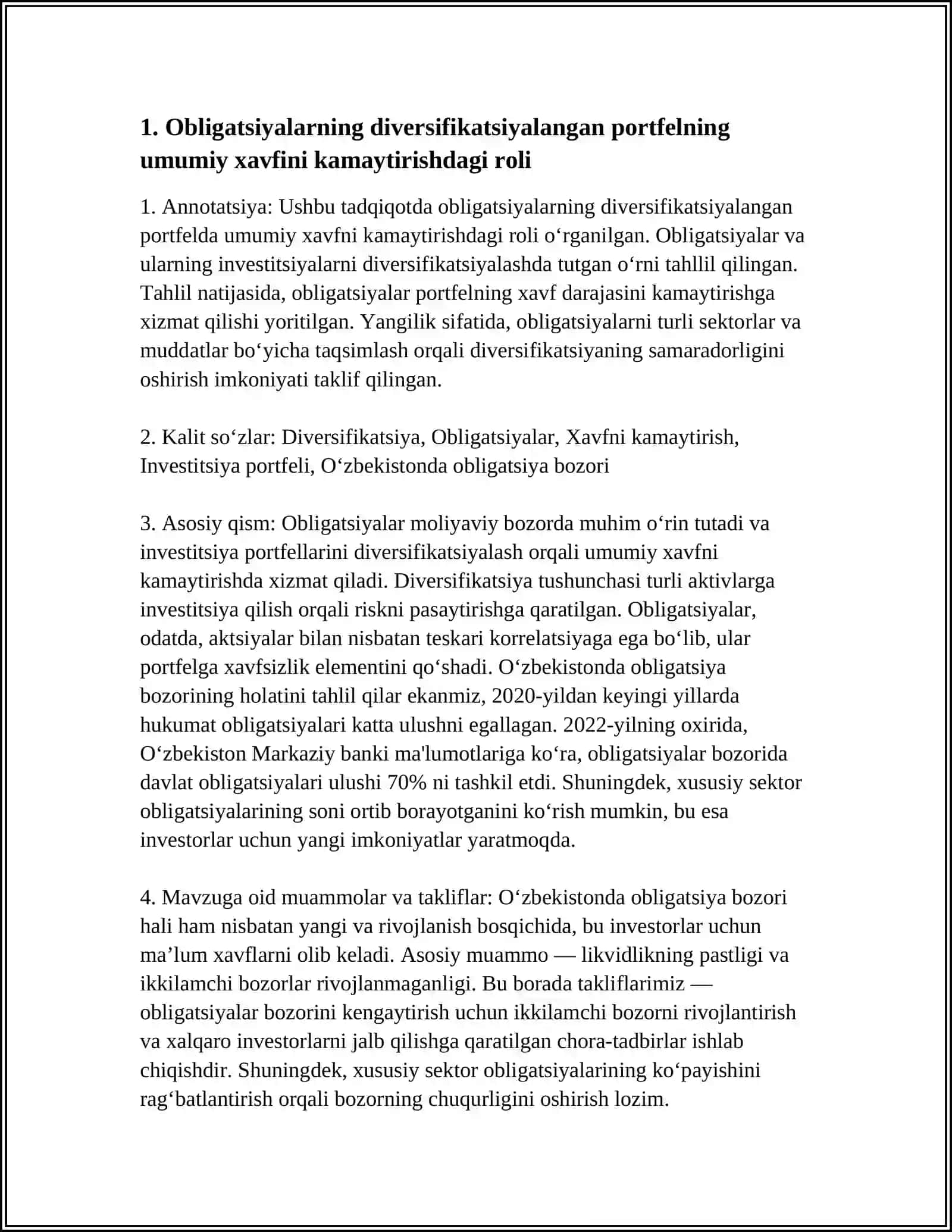 Mavzu: "DIVERSIFIKATSIYALANGAN PORTFELLARDA OBLIGATSIYALARNING O'RNI" 4