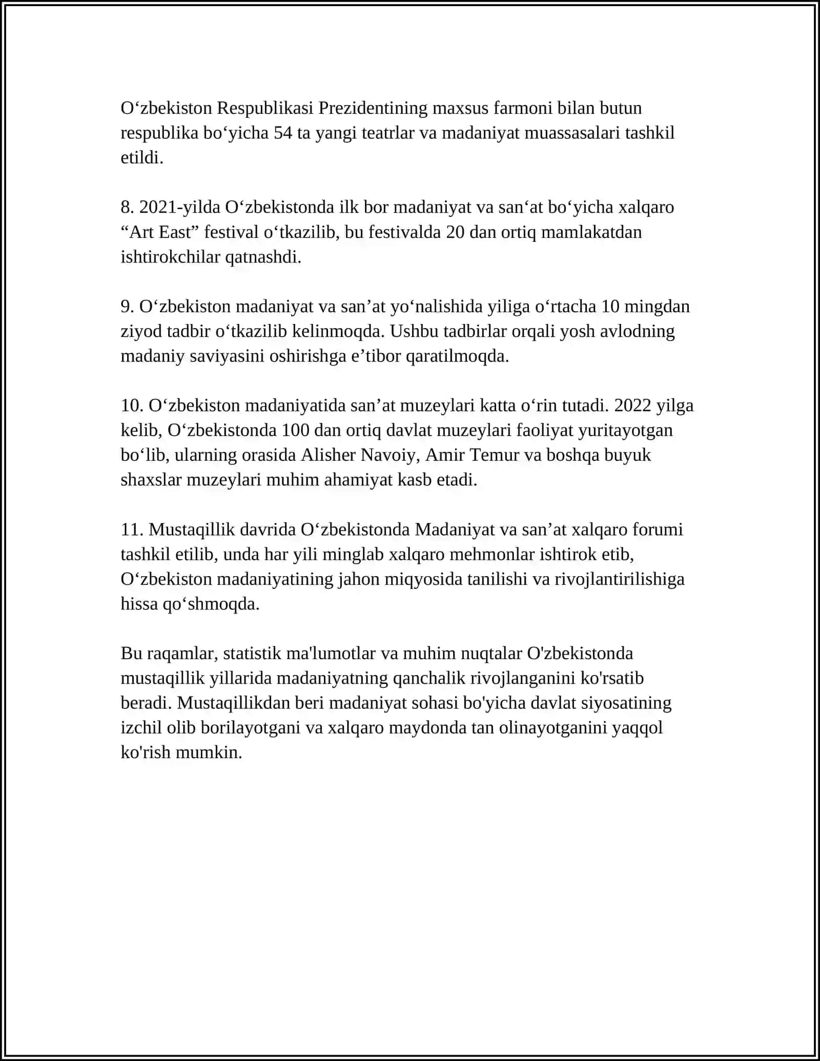 MUSTAQILLIK YILLARIDA OʻZBEKISTONDA MADANIY VA MAʼRIFIY TARAQIYYOT 4