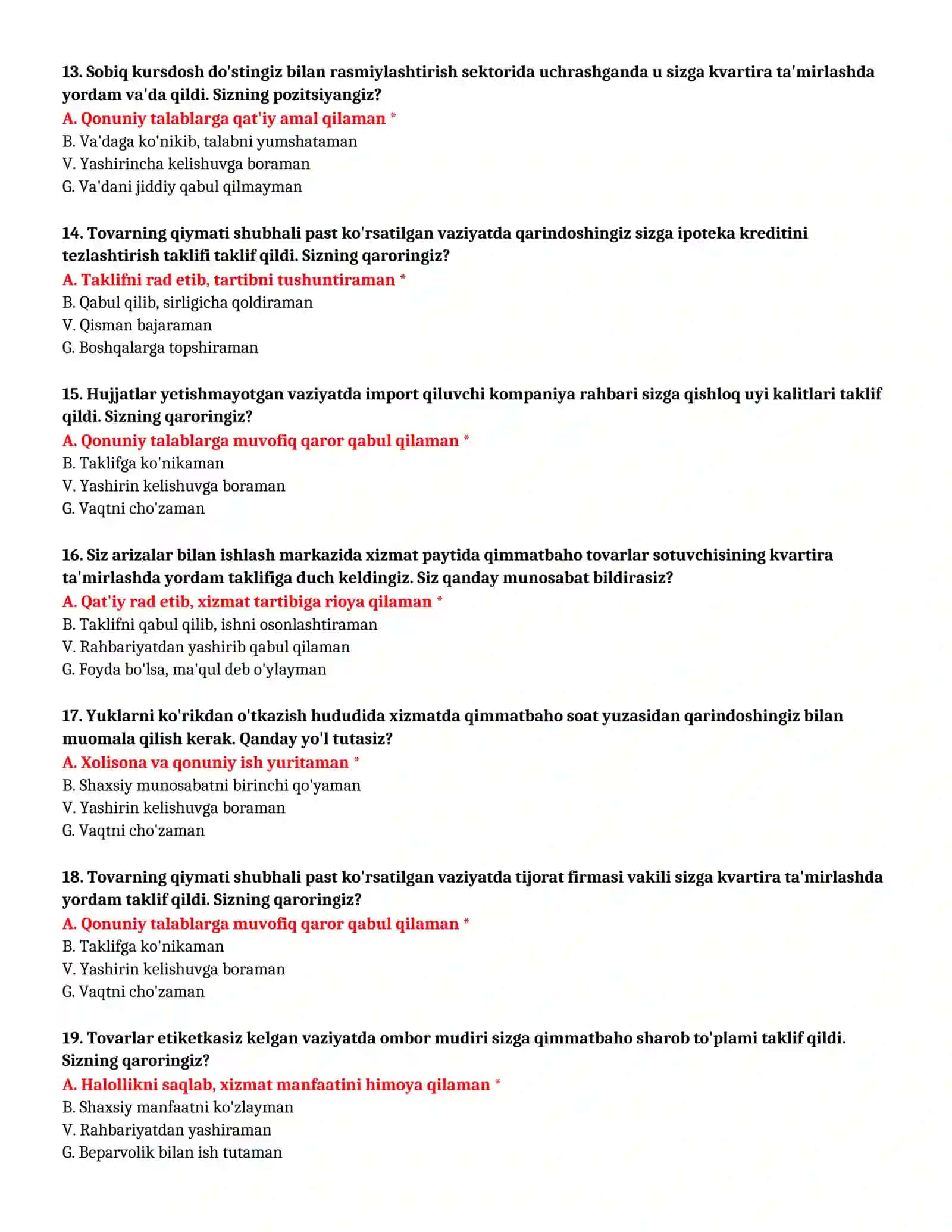 BOJXONA AKADEMIYASI - TEST SAVOLLARI (№ 51) 4