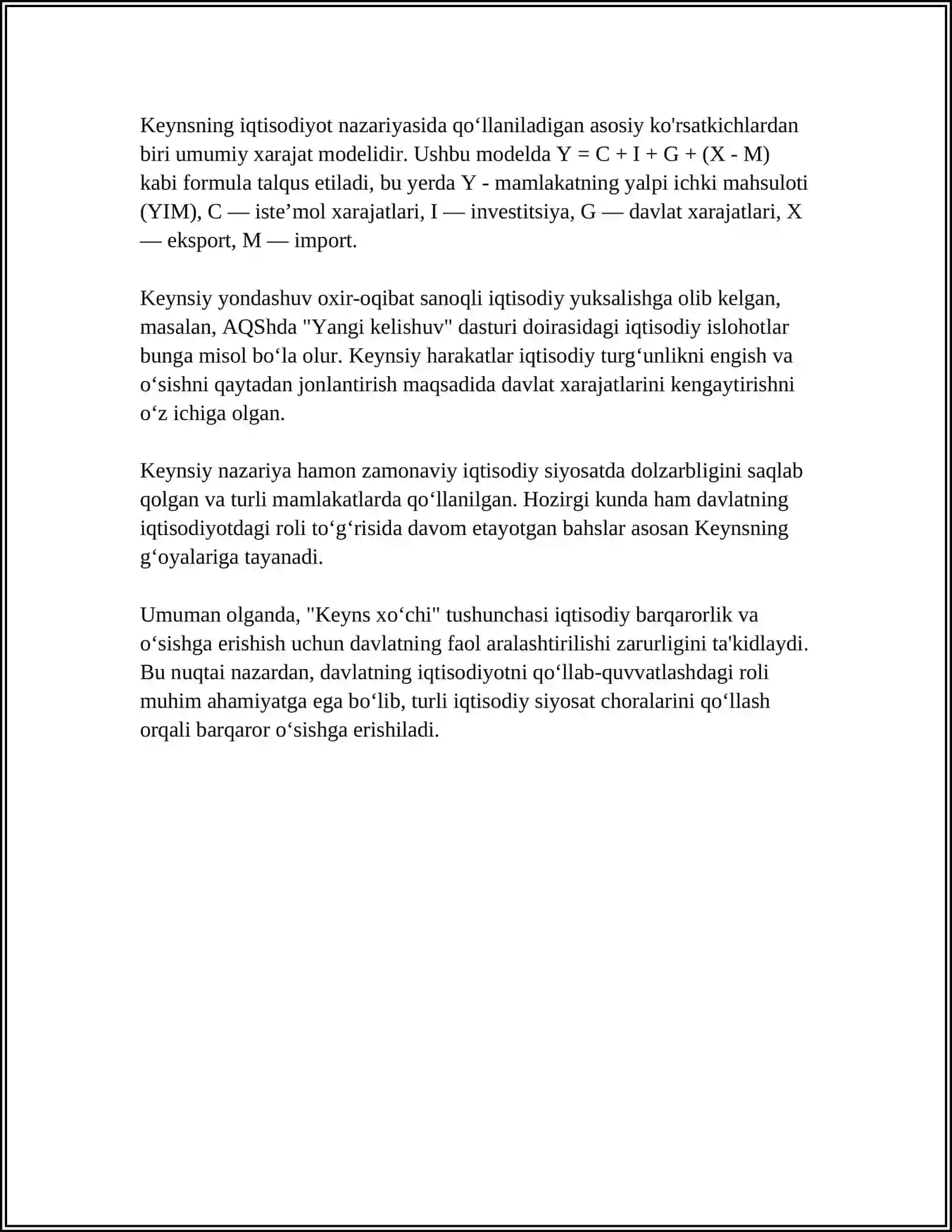 KEYNS XOCHI ISHLAB CHIQARISH HAJMINING MUVOZANATI DARAJASIGA ERISHISH MEXANIZMI 4