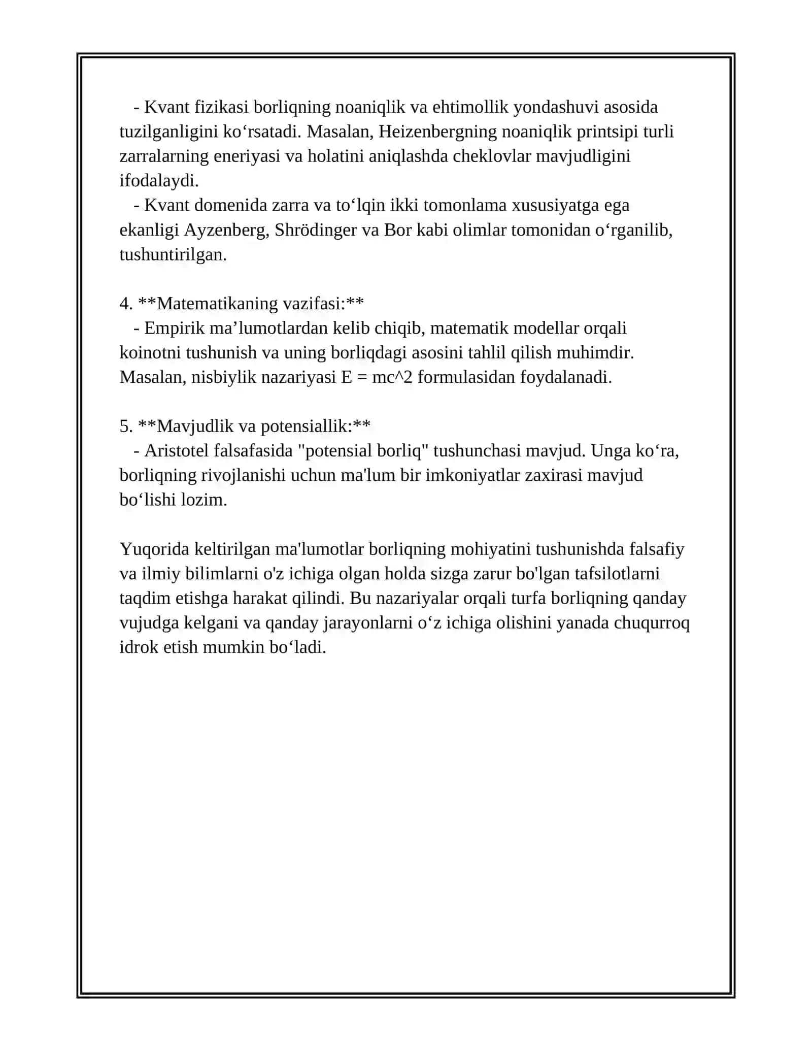 FALSAFA VA TABIIY ILMIY FANLARDA BORLIGʻNING MOHIYATIGA OID KONSEPSIYALAR 4