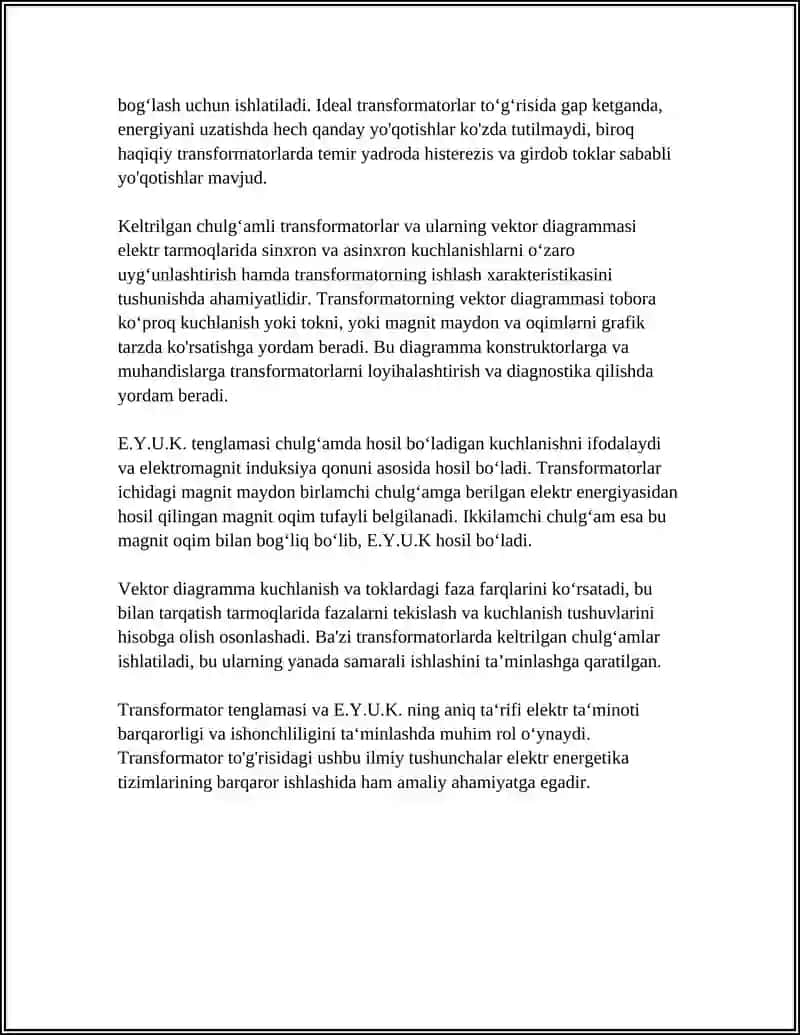 TRANSFORMATOR TENGLAMASINING E.Y.U.K. TENGLAMASI. KELTIRILGAN CHULG’AMLI TRANSFORMATORLARNING VEKTOR DIAGRAMMASI 4
