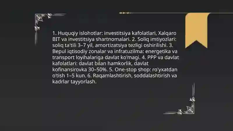 O'zbekiston Respublikasining iqtisodiy siyosati tahlilini(ijtimoiy-iqtisodiy,investitsiya,innovatsiya,agrar,logistika,ta'lim,tibbiyot,sanoat,xizmatlar sohasi bo'yicha)bajarish 4