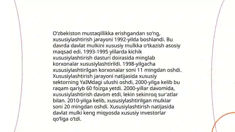 Iqtisodiy Islohotlar, xususiy mulkchilikning shaklllanishi. O'zbekistonda bozor munosabatlarining rivojlanish 4