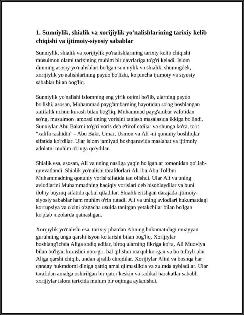 ISLOMDA SUNIYLIK, SHIALIK, XORIJIYLIK YÒNALISHLARI PAYDO BÒLISHI VA QARASHLARI 4
