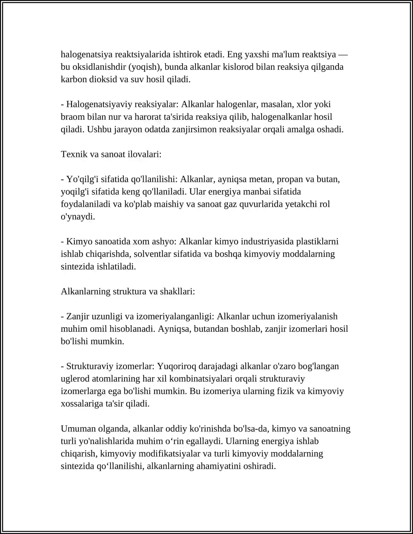 ALKADIYENLAR GOMOLOGI, OLINISHI, FIZIK-KIMYOVIY XOSSASI, NOMLANISHI, ISHLATILISHI, IZOMERIYASI 4